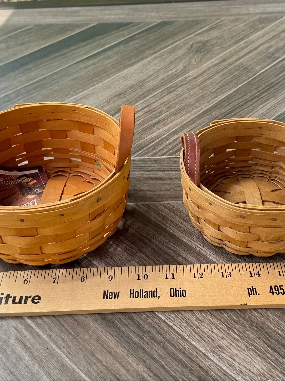 Longaberger Brown Woven Basket Pair with Leather Handles